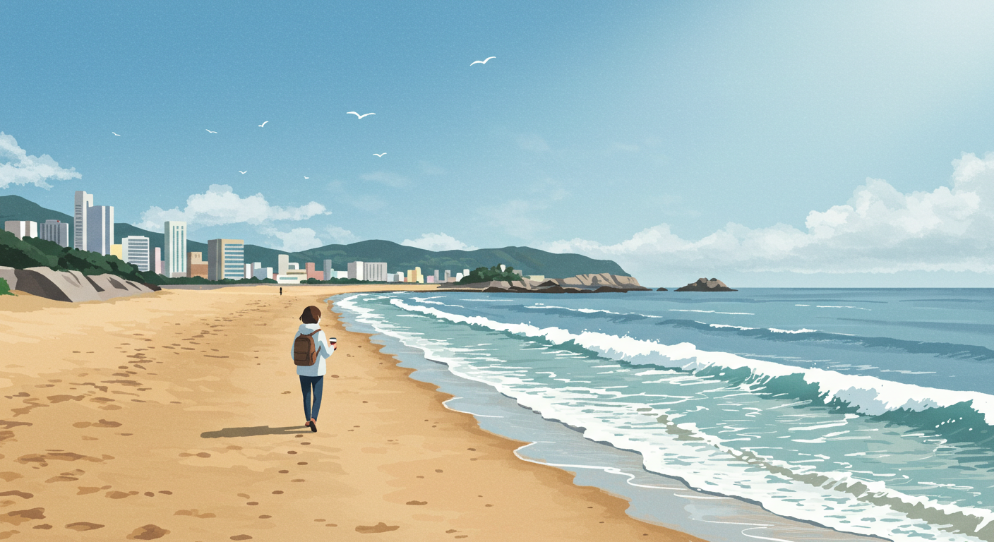 아침 햇살 속 해운대 해변을 산책하는 장면