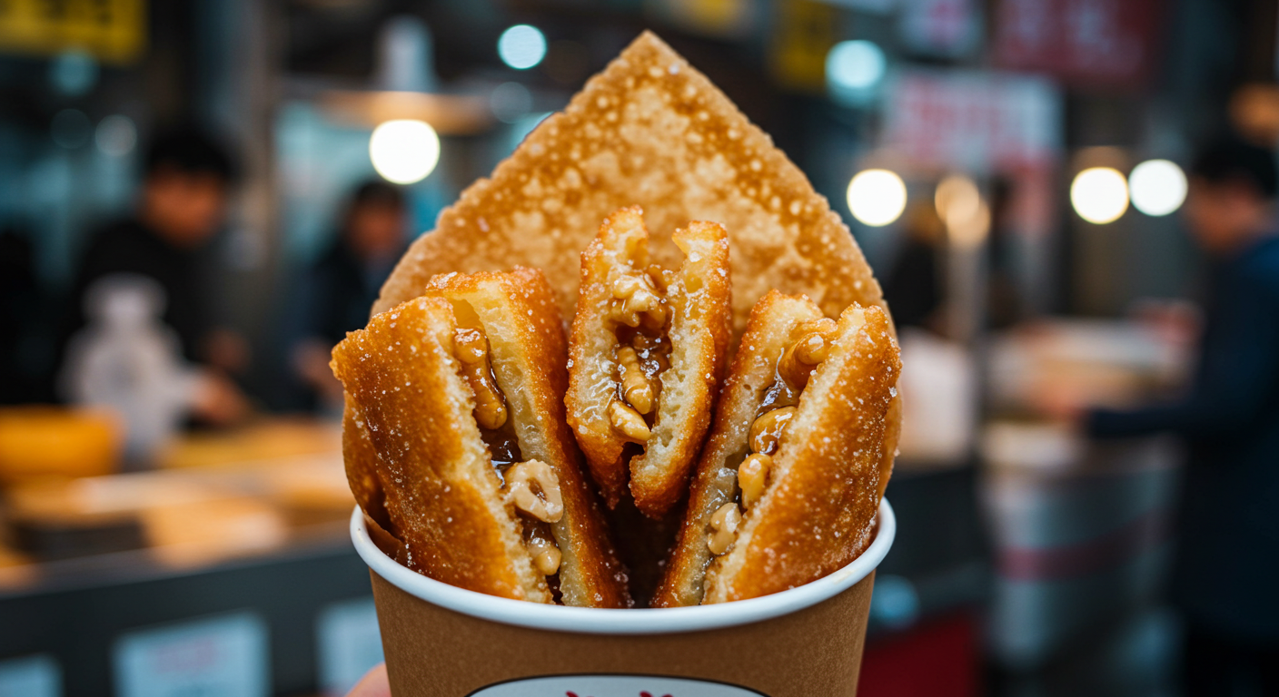 Cup hotteok sweet pancake served at Gwangjang Market in Seoul ❘ 서울 광장시장 컵호떡