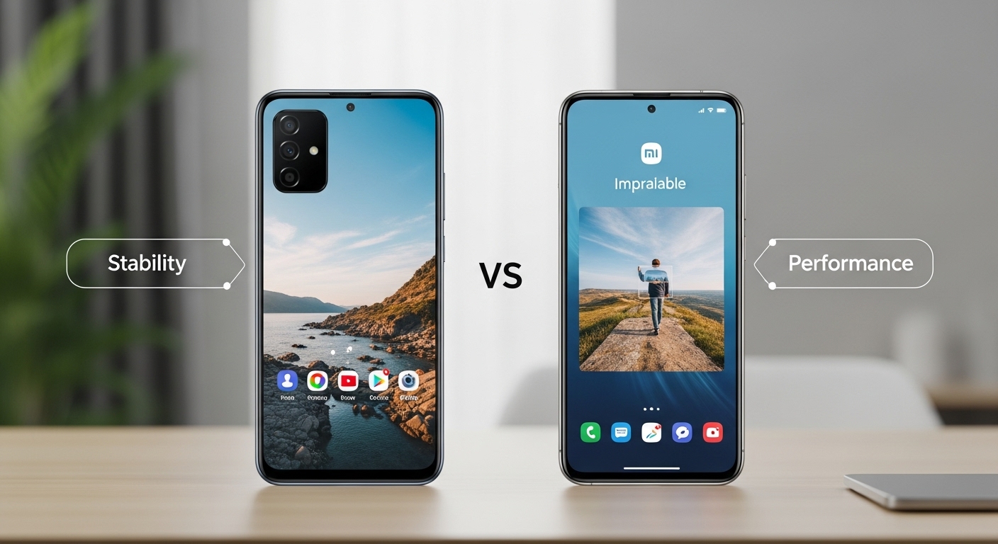 갤럭시 A56과 샤오미 중저가폰의 카메라 성능 및 핵심 특징을 시각적으로 비교하는 이미지.