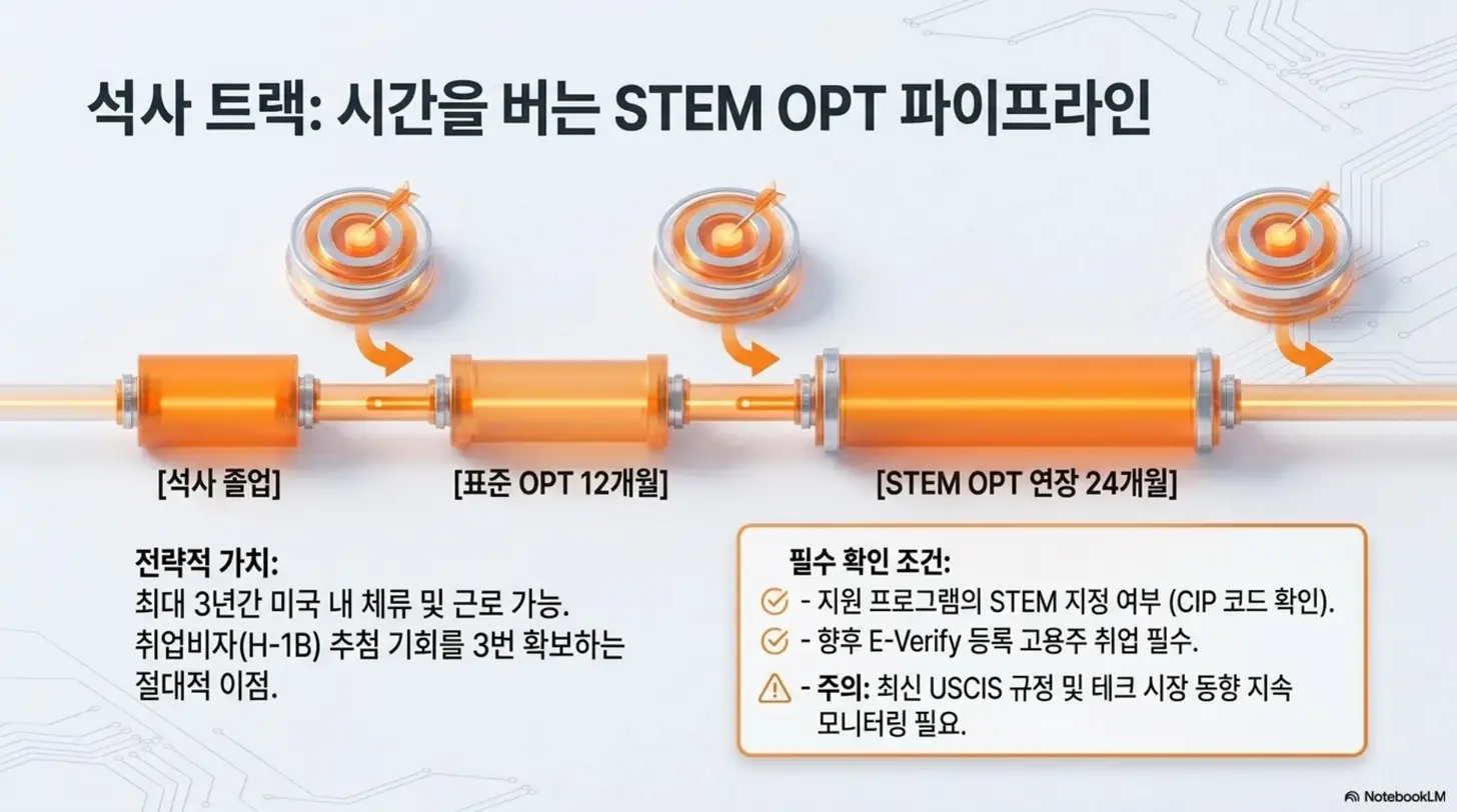 이공계 석사 졸업 후 미국 취업 경로인 STEM OPT 파이프라인. 석사 졸업&amp;#44; 표준 OPT 12개월&amp;#44; STEM OPT 연장 24개월으로 이어지는 최대 3년 근로 기간과 H-1B 추첨 기회&amp;#44; 필수 확인 조건을 정리한 이미지. 
