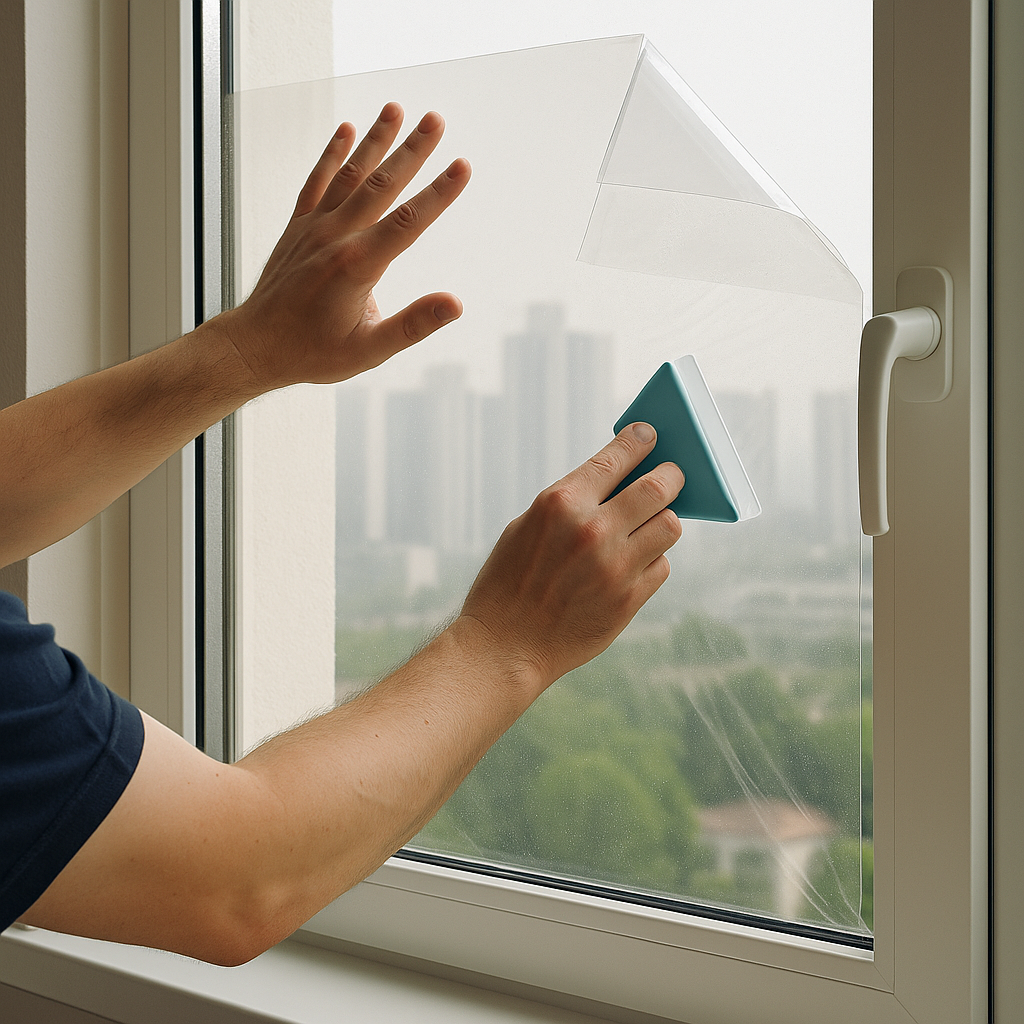 초미세먼지 차단 필름을 부착하는 모습