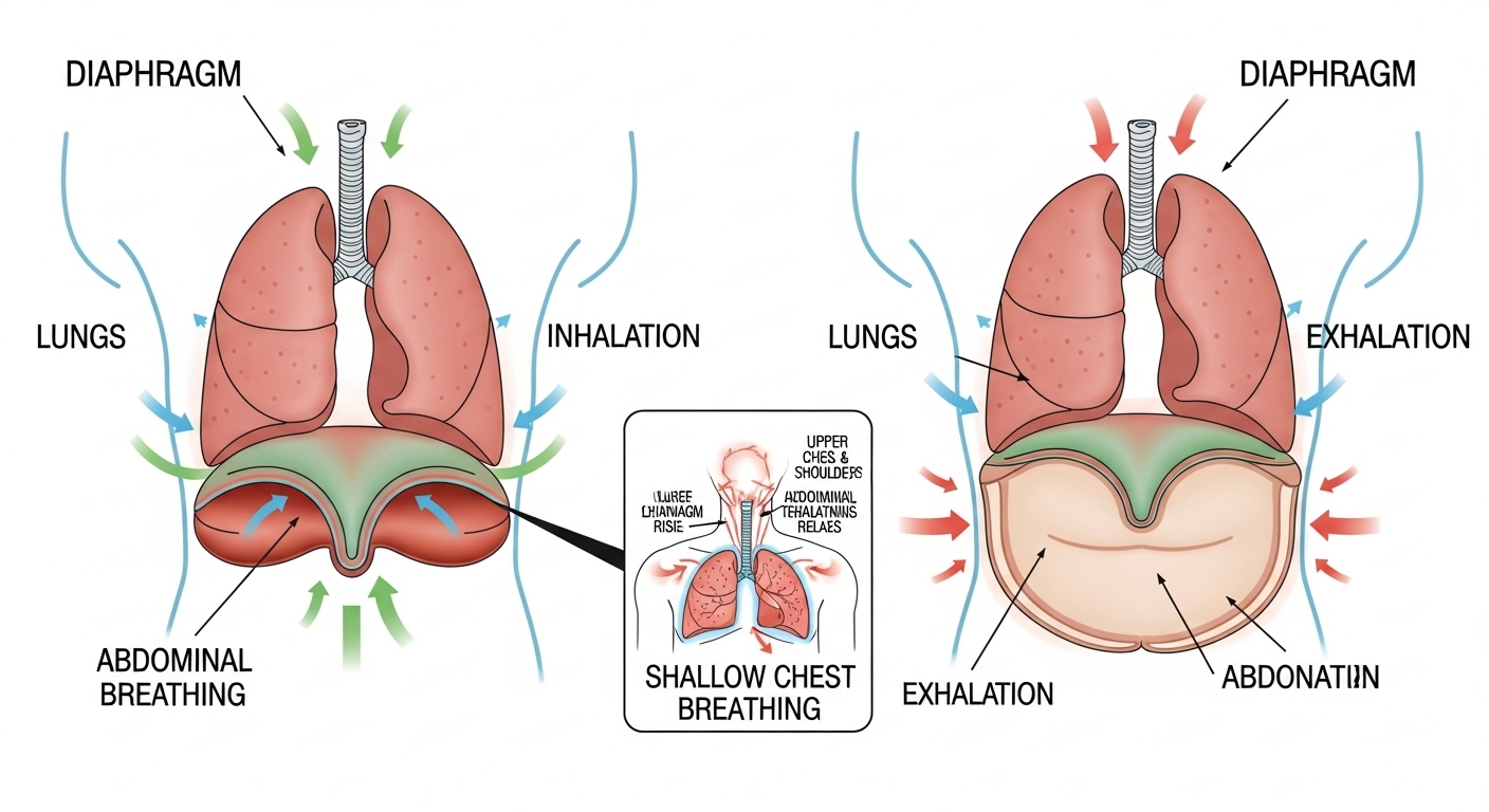 횡격막이 움직이는 복식호흡 원리를 보여주는 해부학적 일러스트레이션.