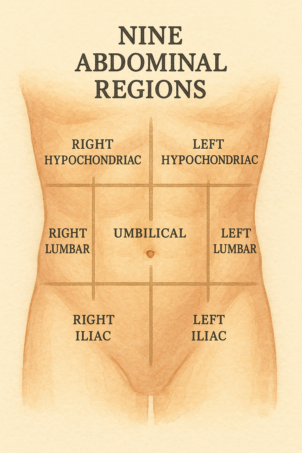복부를 9개 구역으로 나누고 각 위치별 주요 장기(위, 간, 맹장, 대장)를 표시한 의학용 다이어그램