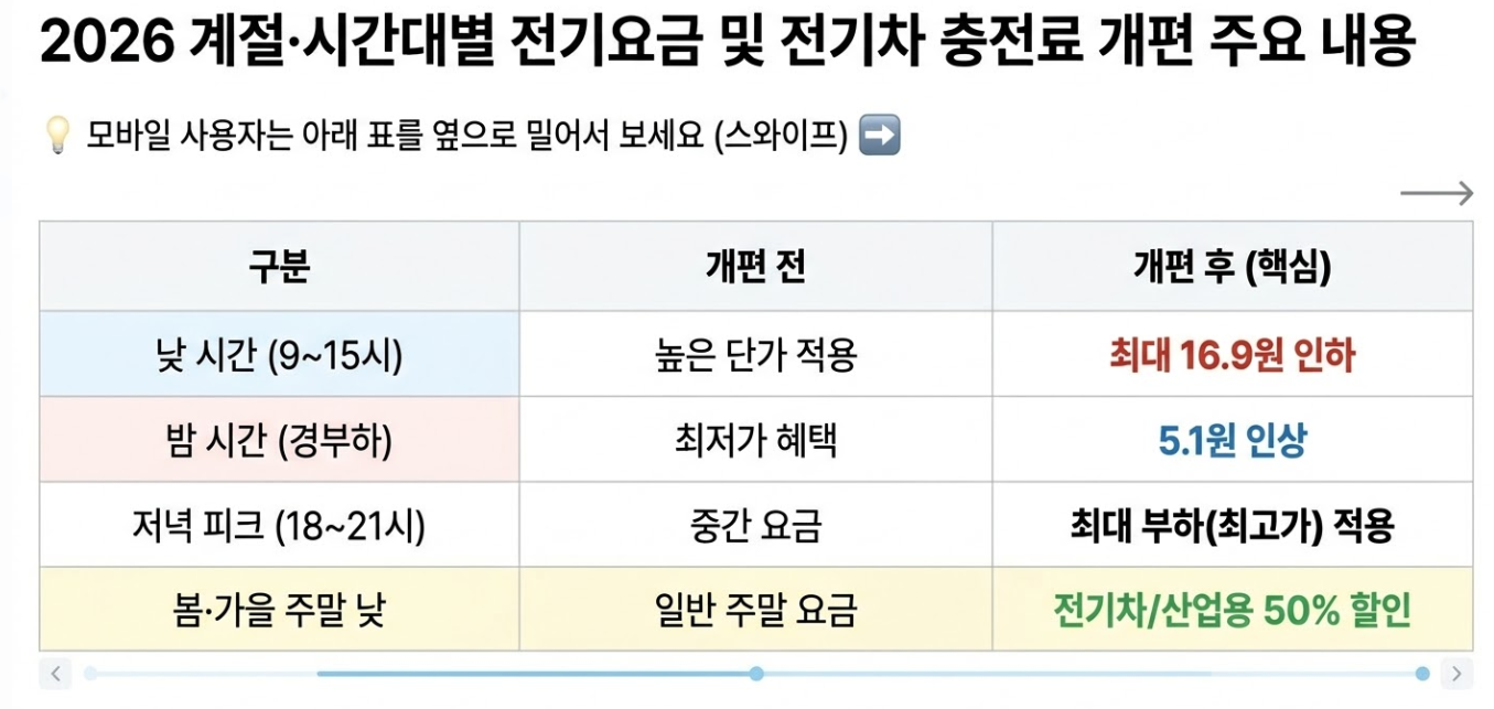 2026년 개편된 계절별 시간대별 산업용 전기요금 및 시간대별 단가 비교표