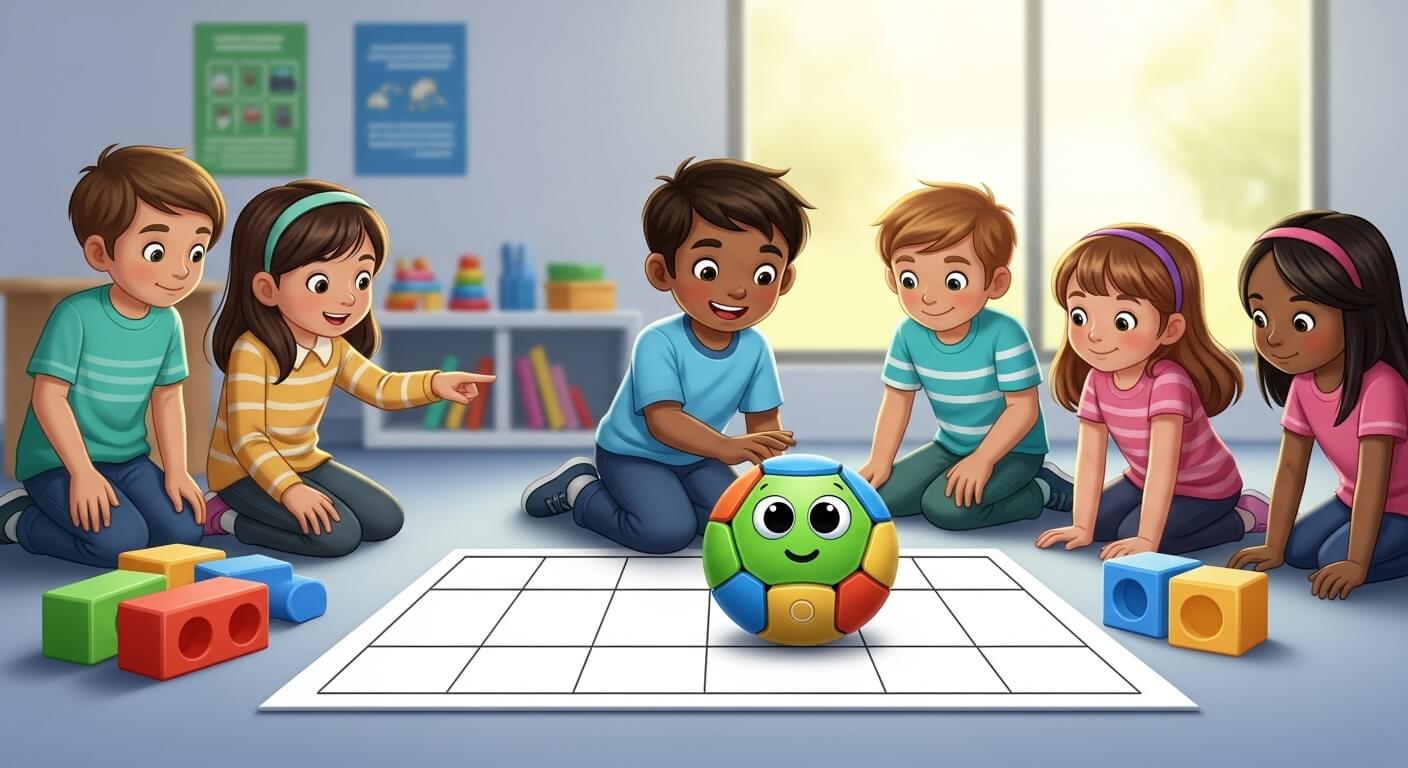 초등학교 입학을 앞둔 아이들이 코딩 로봇과 블록을 이용해 즐겁게 코딩의 기초를 배우는 모습