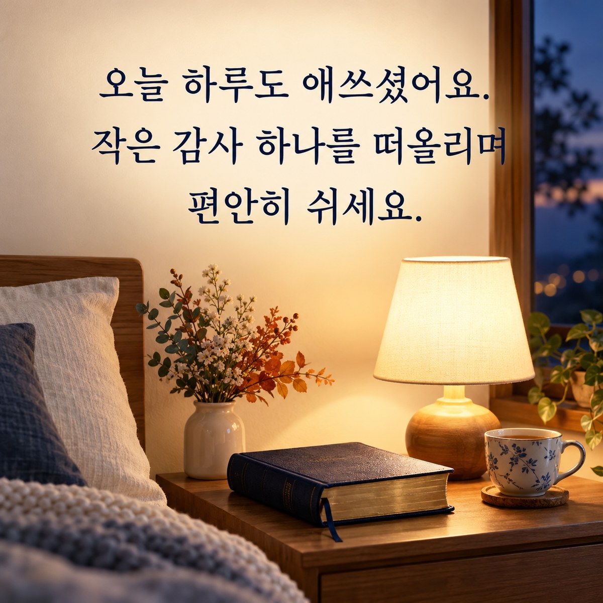 추수감사절 카톡 인사말 저녁인사 카드 &mdash; 저녁 스탠드 아래 닫힌 성경과 찻잔