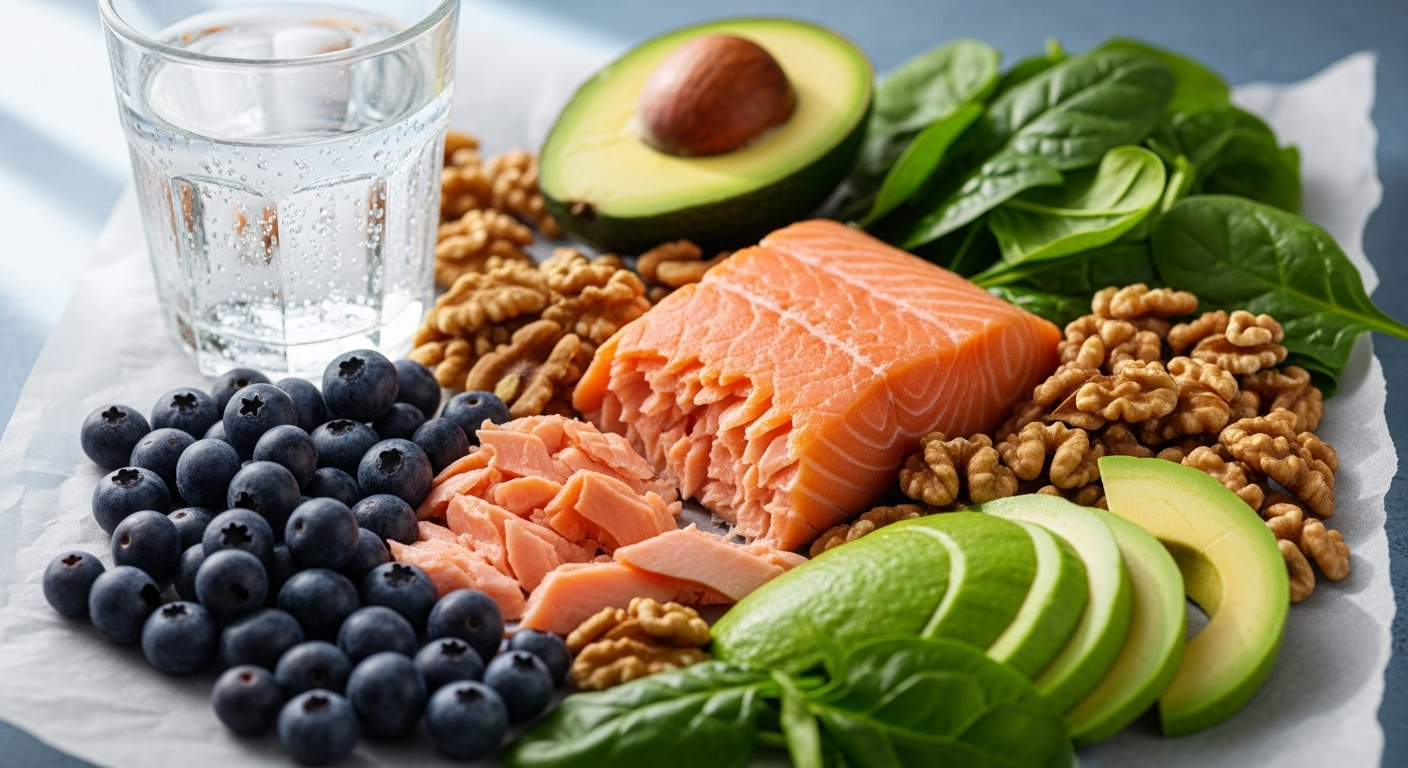 오메가-3가 풍부한 연어, 견과류, 블루베리 등 뇌 건강에 좋은 음식들이 식탁에 먹음직스럽게 놓여있는 모습.
