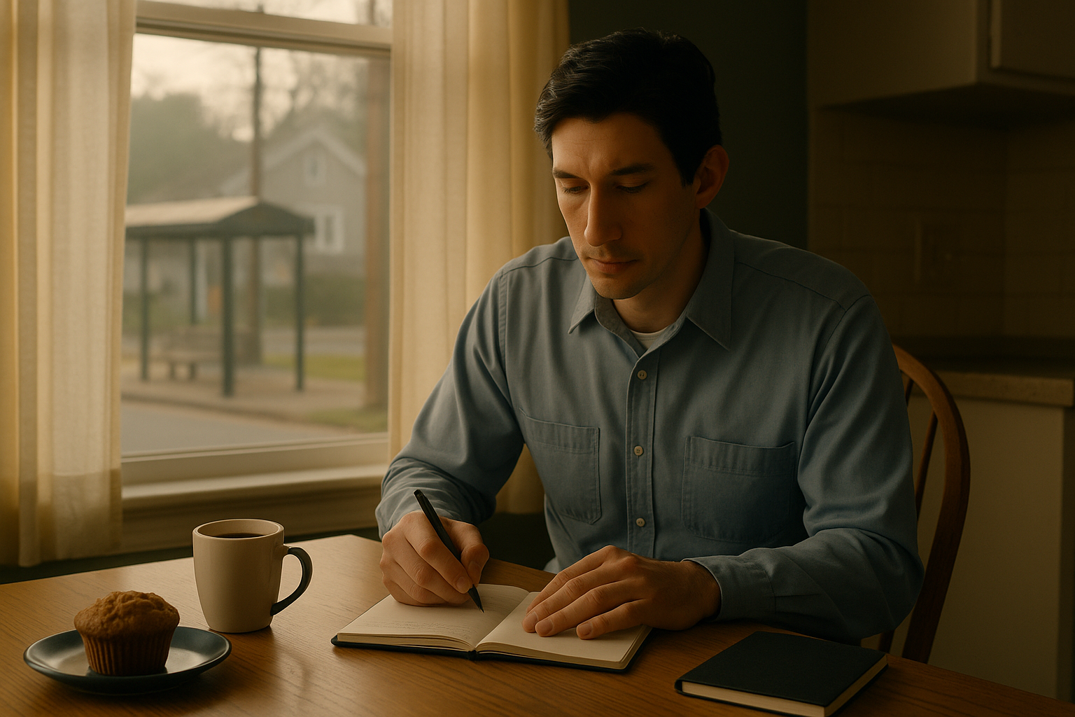 뉴저지의 아침, 한 남성이 부엌 식탁에서 시를 쓰고 있다. 창밖으로는 잔잔한 거리 풍경이 펼쳐지고, 햇살이 부드럽게 커피잔과 노트를 비춘다. 조용하고 따뜻한 감성의 장면.