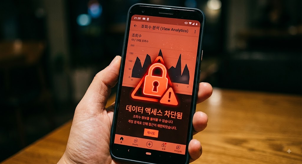 스마트폰 화면에 유튜브 조회수 그래프와 자물쇠 아이콘이 겹쳐진 붉은 경고톤 이미지