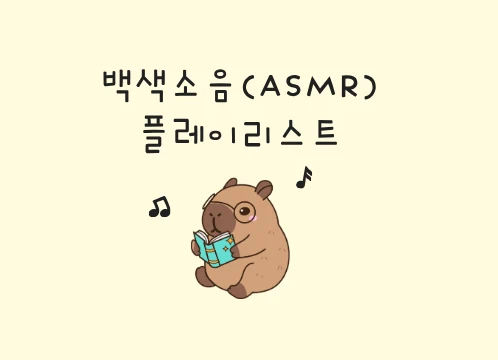 연노란색 바탕에 책을 읽고 있는 귀여운 갈색 동물이 있고 백색소음(ASMR) 플레이리스트라고 적었다.