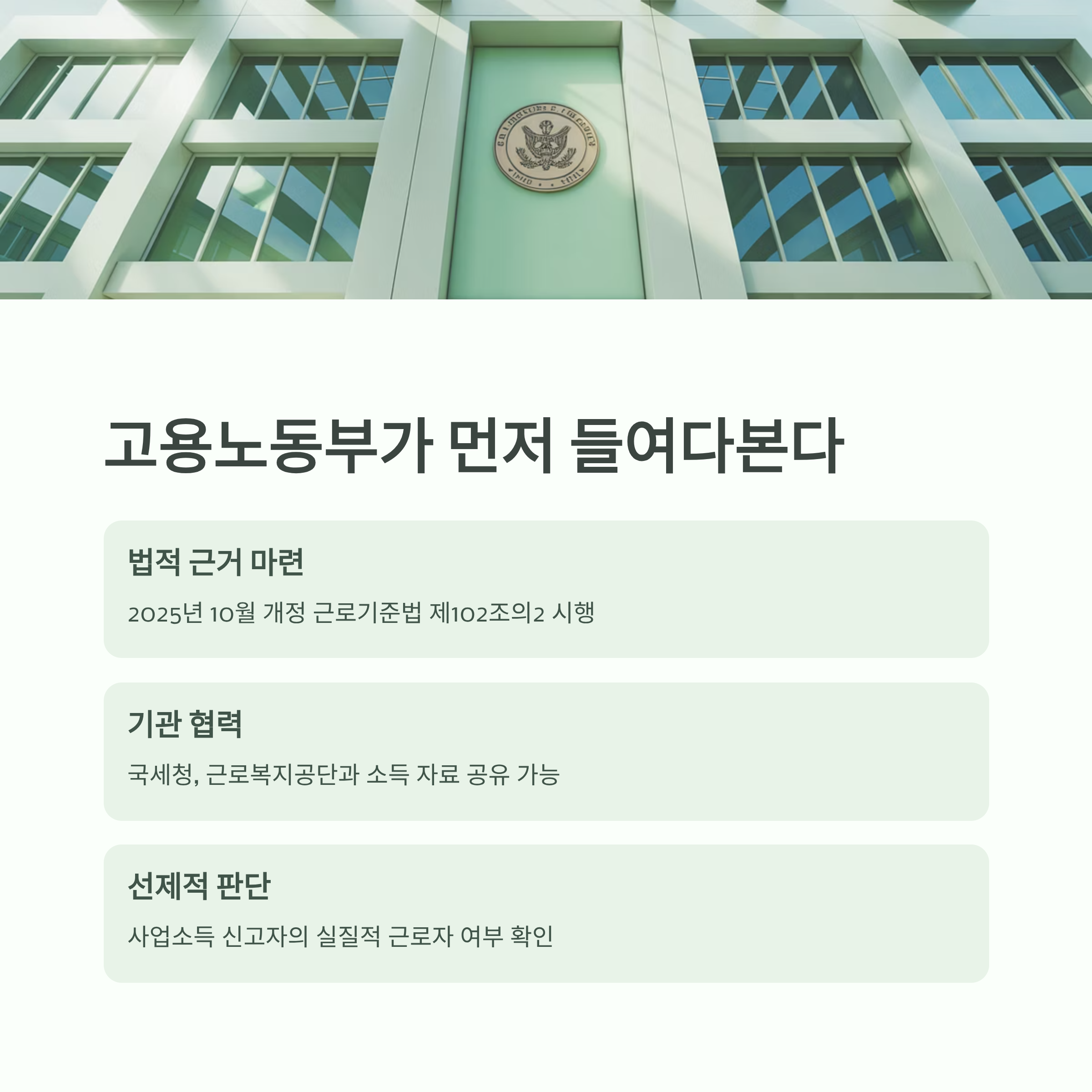 고용노동부의 근로기준법 개정 및 기관 협력 내용을 요약한 인포그래픽 이미지