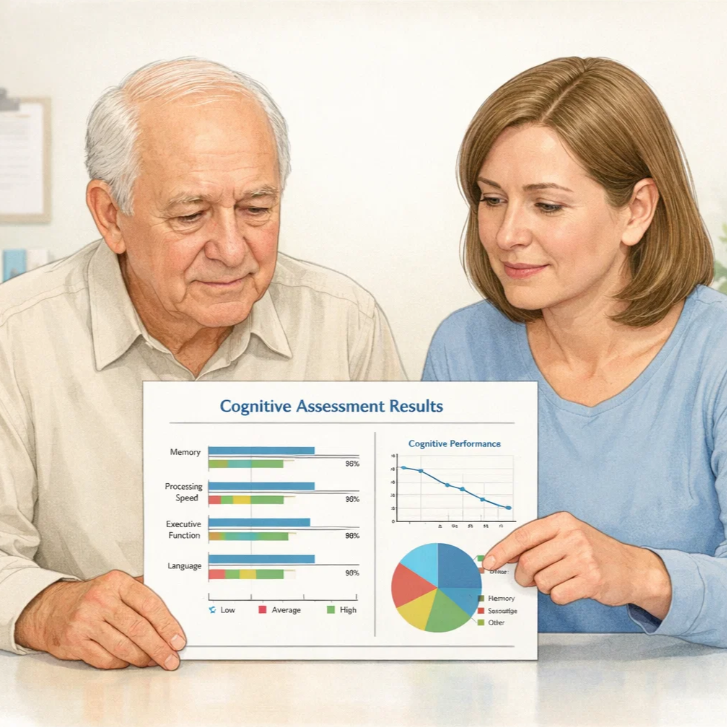 노인과 보호자가 SNSB 인지검사 결과 그래프를 함께 확인하며 점수 분포를 이해하는 모습