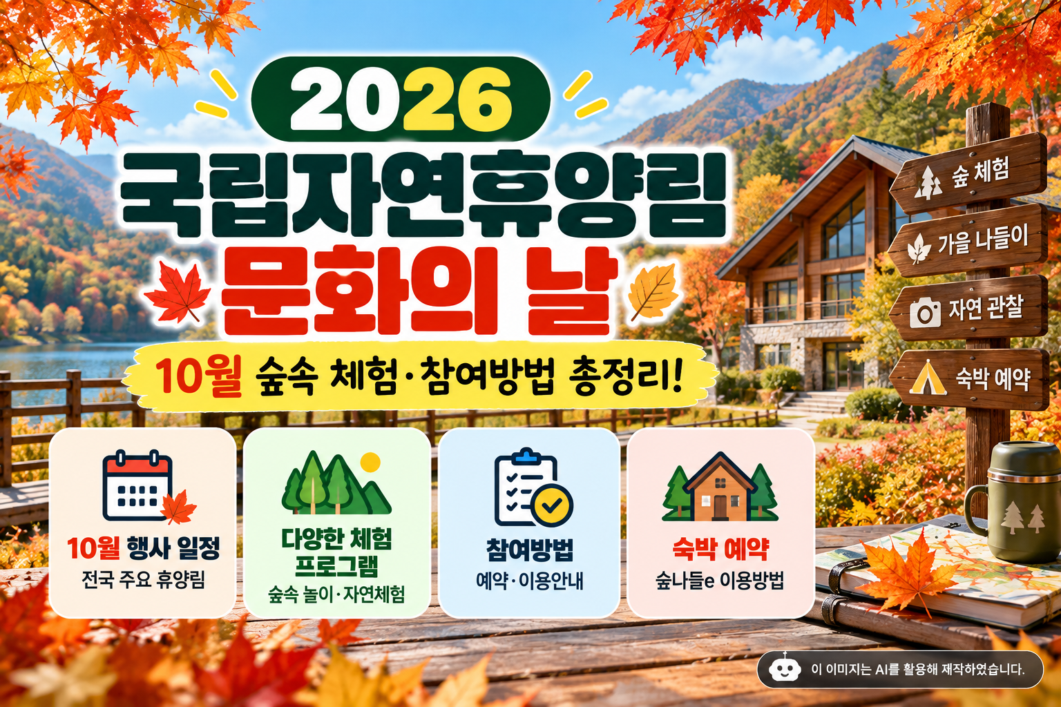 2026 국립자연휴양림 문화의 날 10월 가을 단풍 숲속 체험 프로그램 행사 일정 참여방법 숲나들e 숙박 예약 안내