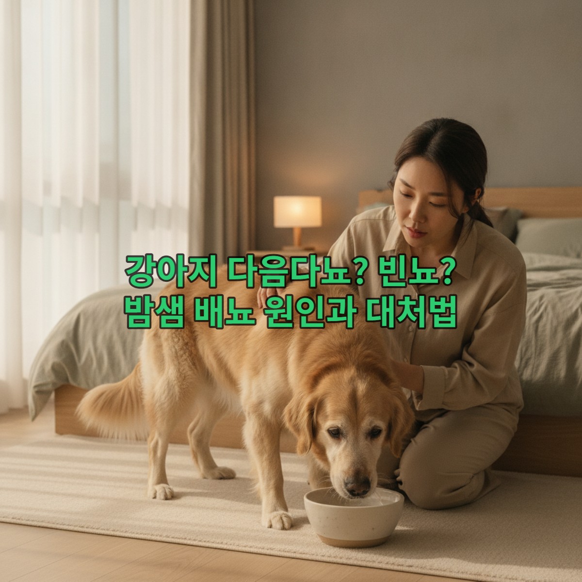 밤에 소변을 자주 보는 강아지를 걱정스럽게 바라보는 보호자.
