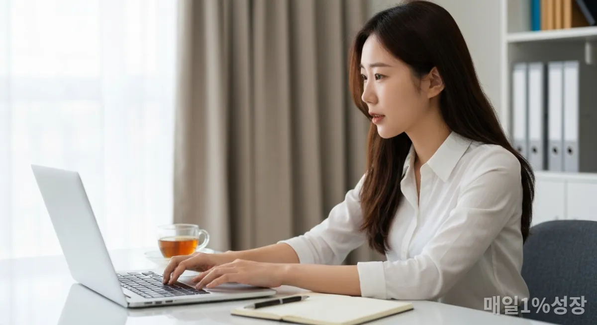 재택근무 중 노트북으로 AI 챗봇과 협업하는 한국 여성