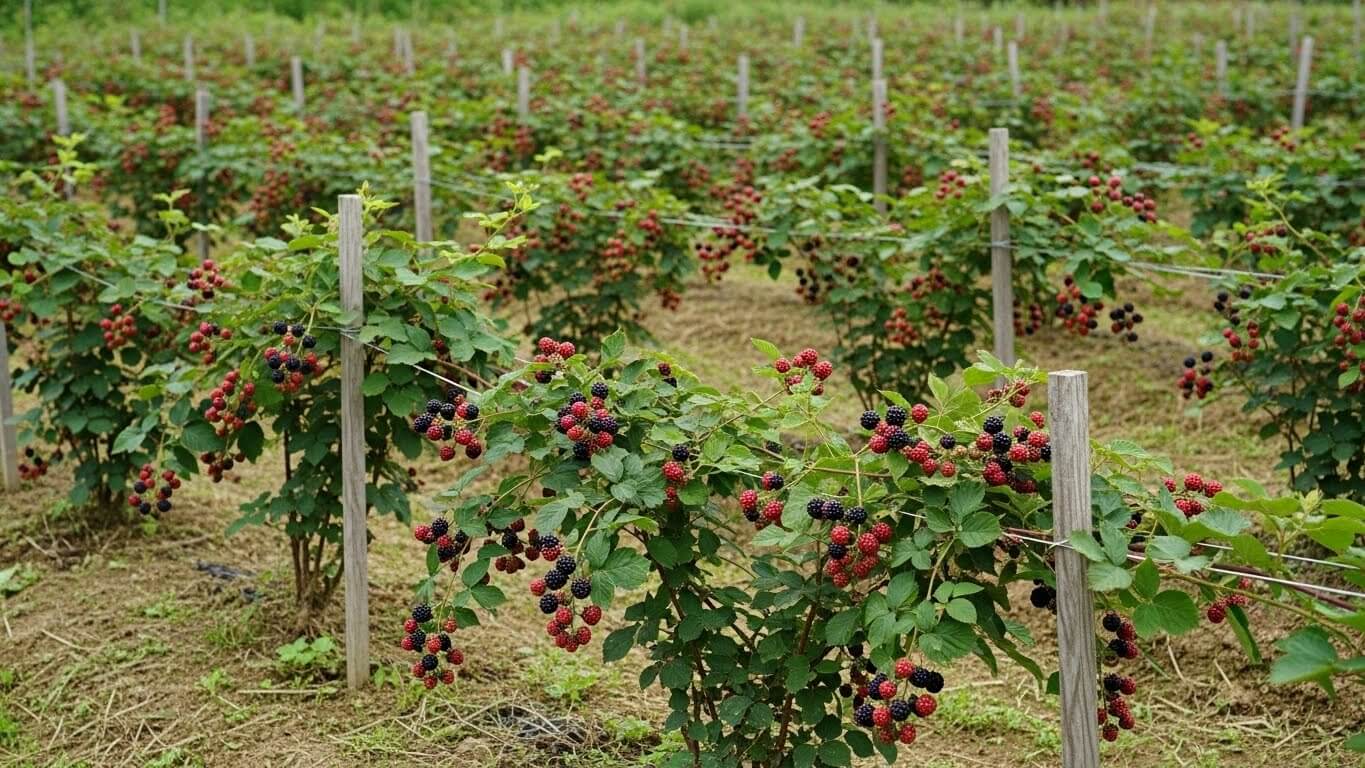 한반도 농가에서 재배 중인 복분자 나무와 검붉게 익어가는 열매