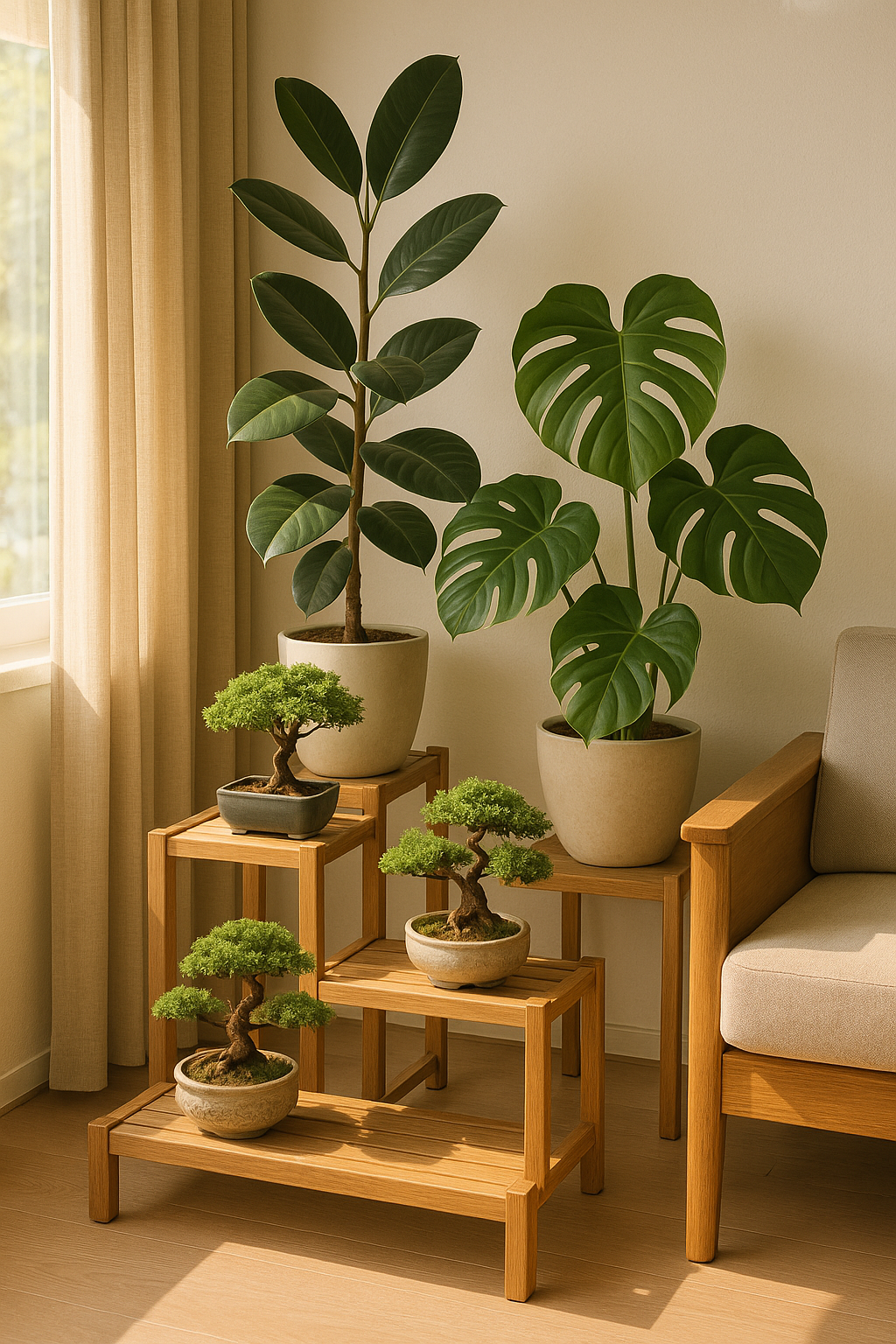 분재와 실내식물이 배치된 아늑한 거실