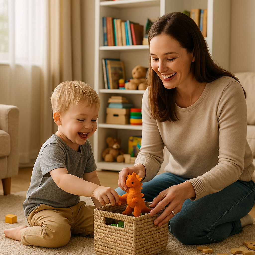 아이랑 장난감 정리하는 엄마 모습