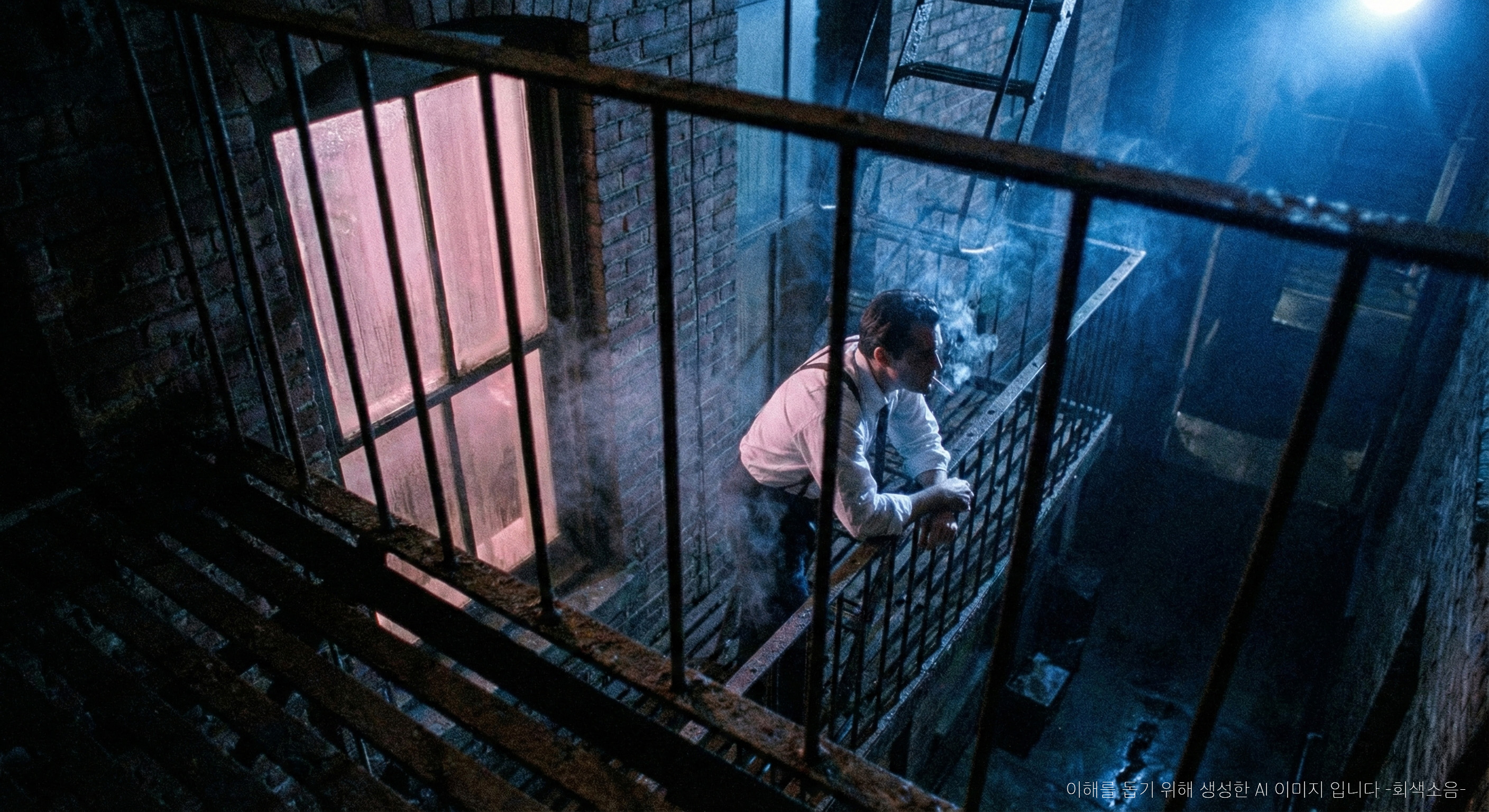 1930년대 벽돌 아파트의 좁고 녹슨 비상계단에서 담배를 피우는 남자를 위에서 내려다보며, 분홍빛 창빛과 차가운 푸른 달빛이 대비되는 누아르 장면.
