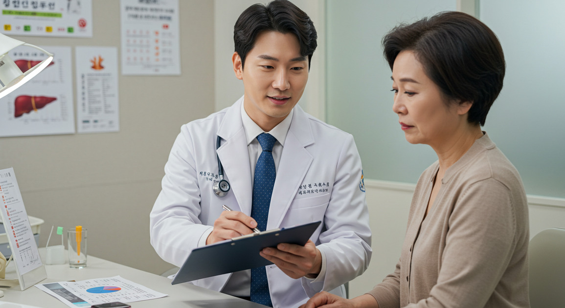 간수치 높다고 설명 중인 의사 이미지
