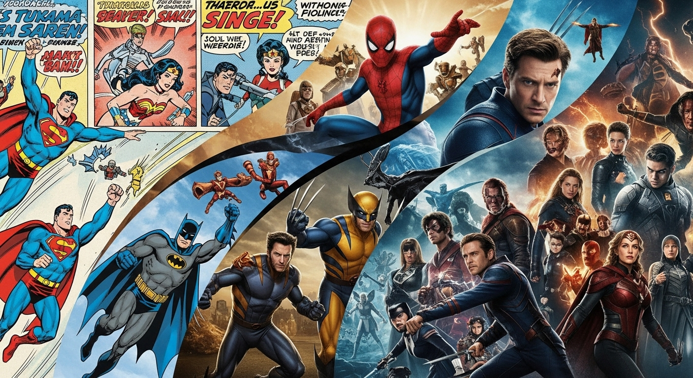 코믹북에서 시작해 현대 영화까지 이어지는 콜라주 이미지