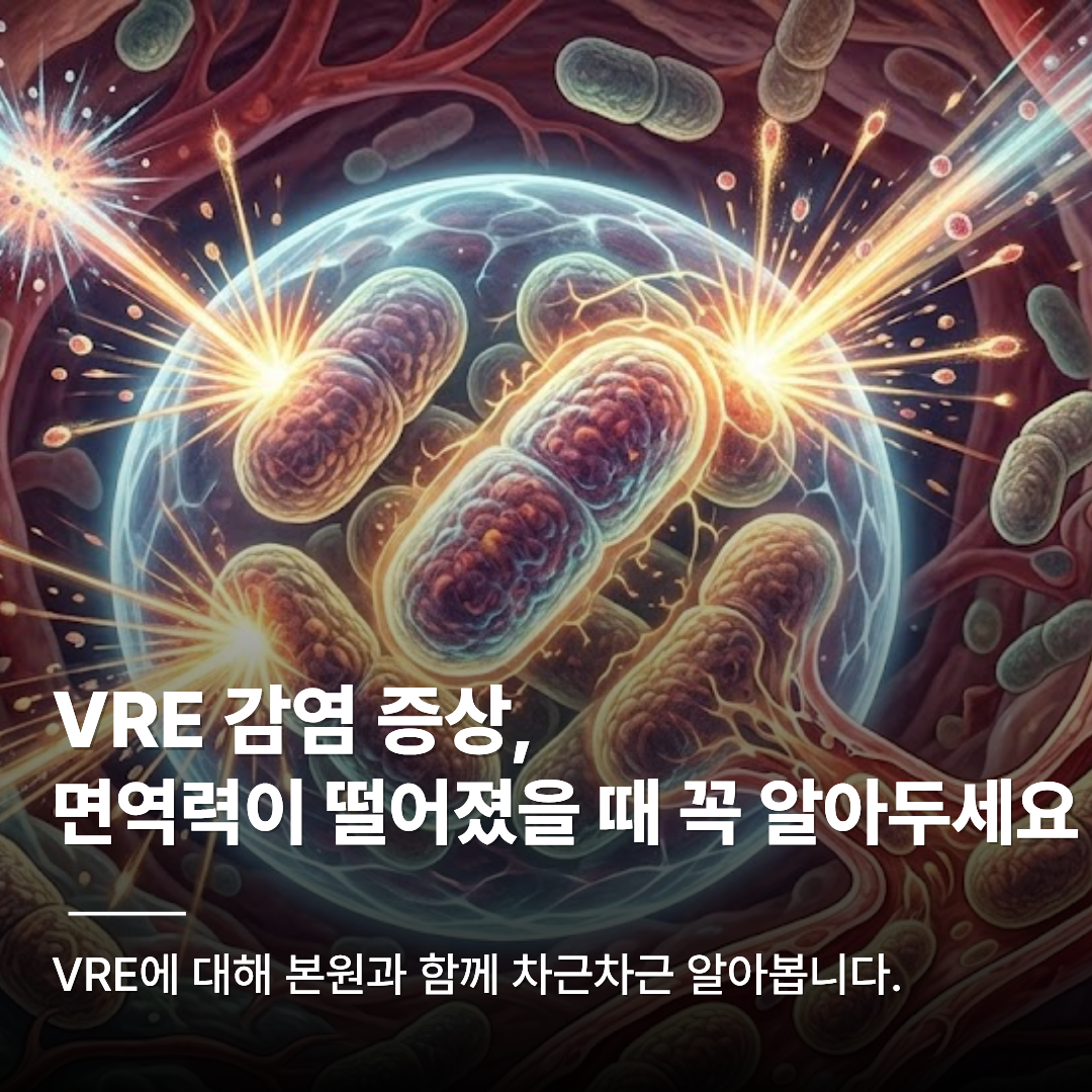 항생제를 튕겨내는 장알균의 현미경 일러스트 배경. 텍스트 'VRE 감염 증상, 면역력이 떨어졌을 때 꼭 알아두세요. VRE에 대해 본원과 함께 차근차근 알아봅니다