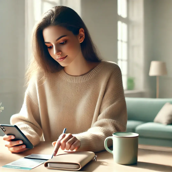 청년이 스마트폰과 통장을 보며 저축을 계획하는 모습 – 안정된 분위기