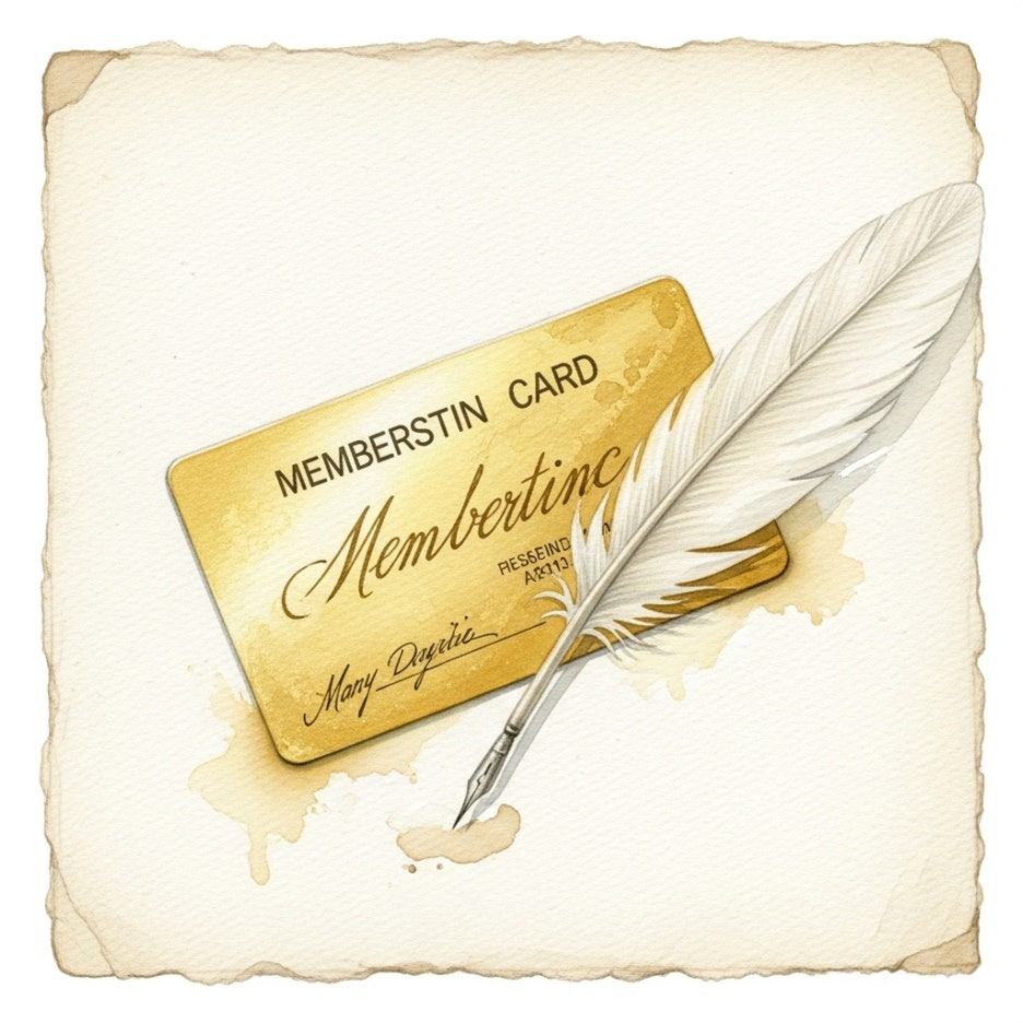 멤버십 카드와 깃펜이 놓인 우아한 느낌의 수채화
