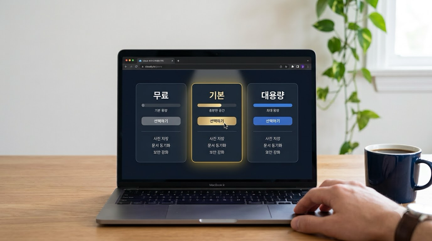 클라우드 저장 용량 요금제를 비교해 고르는 화면 목업
