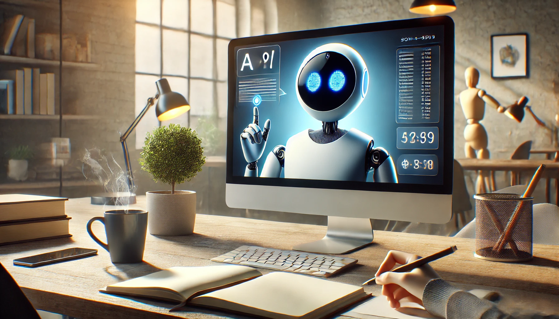 다음은 현대적이고 미니멀한 작업 공간에서 친절하고 지능적인 디지털 비서인 ChatGPT의 초현실적인 이미지입니다. 부드럽고 자연스러운 조명으로 생산성과 창의성의 본질을 포착합니다.