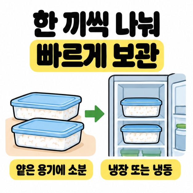 밥을 한 끼씩 담은 얕은 용기 두 개에서 냉장고에 보관한 용기로 화살표가 이어지며 빠른 냉장 또는 냉동을 안내한 그림