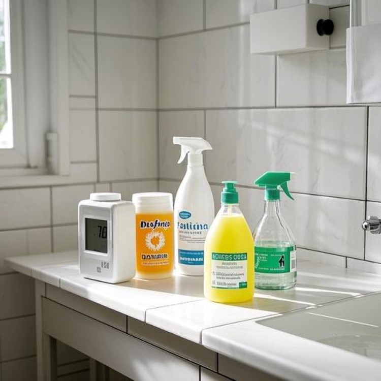 깨끗하고 현대적인 욕실 내부, 흰색 타일과 실리콘이 완벽하게 깨끗한 상태. 테이블 위에 베이킹소다, 식초병, 스프레이 용기 등 천연 청소 도구들이 정갈하게 배열되어 있고, 습도계가 적정 수치를 표시하는 모습. 밝고 쾌적한 분위기로 전문적이면서도 따뜻한 느낌.