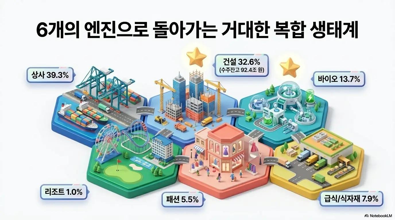 삼성물산 주가 전망: 삼성물산의 6개 사업 부문을 도시 형태로 보여주는 인포그래픽. 2026년 1분기 매출 비중이 상사 39.3%, 건설 32.6%(수주잔고 92.4조 원), 바이오 13.7%, 급식·식자재 7.9%, 패션 5.5%, 리조트 1.0%로 구성된 복합 사업 생태계를 나타내며, 블로그의 삼성물산 주가 전망과 사업 구조 주제를 시각적으로 설명함