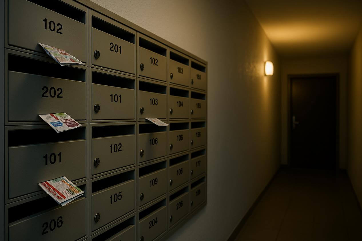 아파트 복도 우편함에 전단지가 꽂혀 있는 모습.