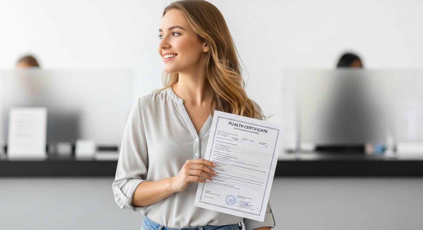 발급받은 보건증을 들고 미소 짓는 여성