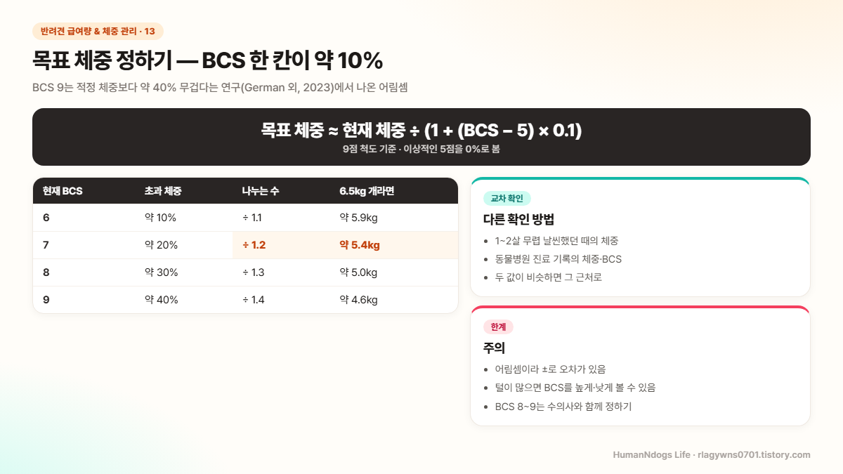 목표 체중은 현재 체중을 1 더하기 BCS에서 5를 민 값 곱하기 0.1로 나눈 값이라는 공식과, 6.5kg 강아지의 BCS 6부터 9까지 목표 체중 표