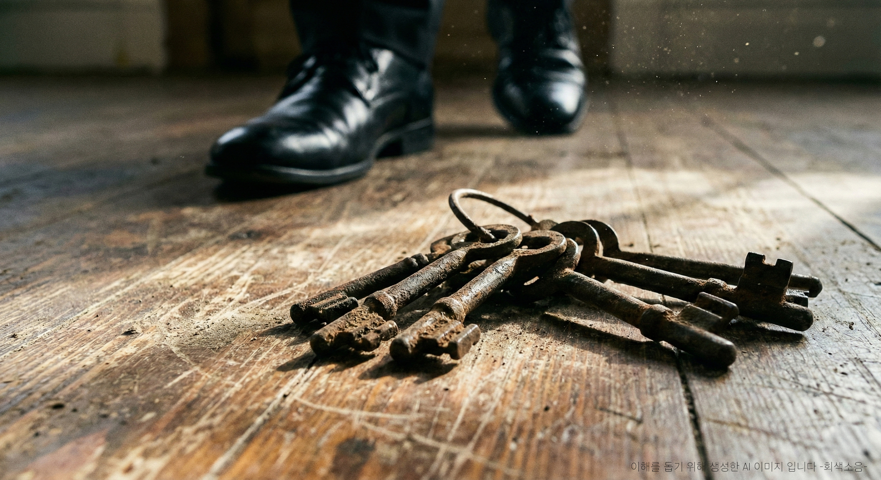 권력의 이동 : 긁히고 먼지 낀 나무 바닥 위에 낡은 철제 열쇠 꾸러미가 놓여 있고, 뒤로는 남자의 검은 가죽 구두가 흐릿하게 보이는 낮은 시점의 매크로 장면.
