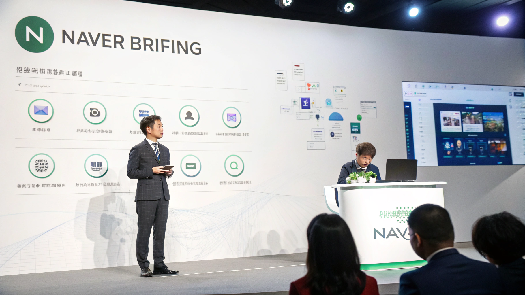 NAVER BRIEFING&rsquo;이라는 대형 화면을 배경으로 한 프레젠테이션 현장. 왼쪽에는 정장을 입은 발표자가 태블릿을 들고 설명하고 있으며, 오른쪽 테이블에는 다른 발표자가 노트북을 조작하고 있음. 배경 화면에는 아이콘과 다이어그램, 플랫폼 UI 등이 크게 표시되어 있고, 여러 명의 관객이 발표를 주시하고 있는 모습이 전경에 보임