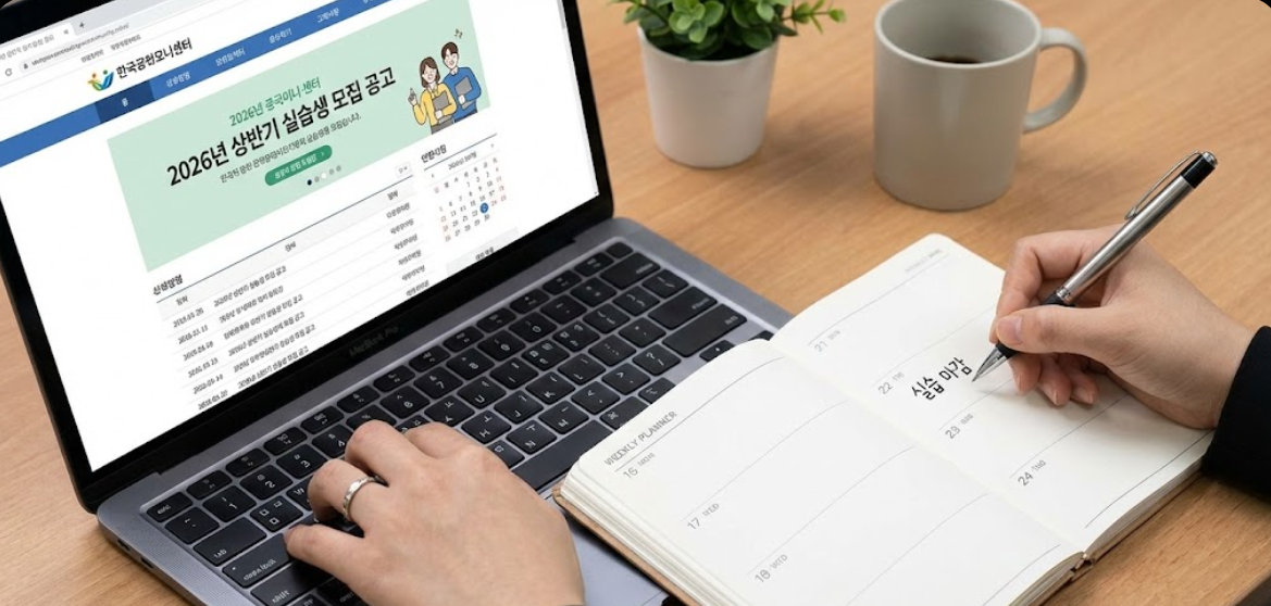 노트북으로 복지관 공고를 확인하며 달력에 메모