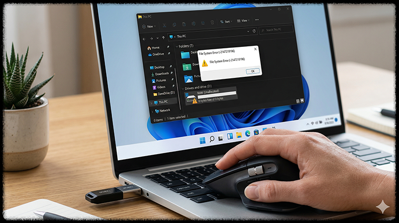 USB 파일 시스템 오류로 접근 불가능한 모습