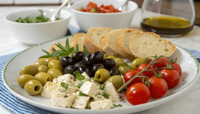 올리브와 치즈, 토마토가 담긴 지중해식 요리