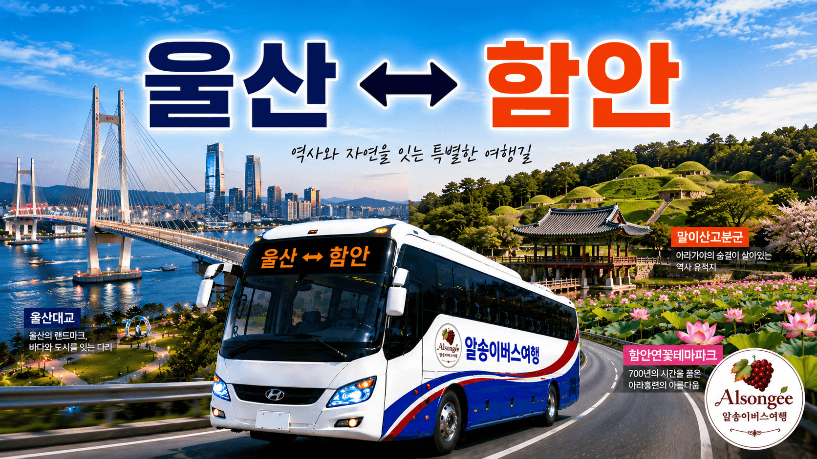 울산과 함안을 오가는 버스와 울산대교, 말이산 고분군
