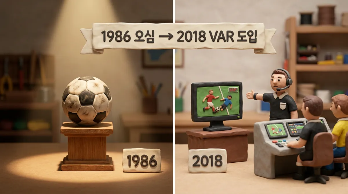 1986년 신의 손 오심과 2018년 VAR 도입 비교 인포그래픽