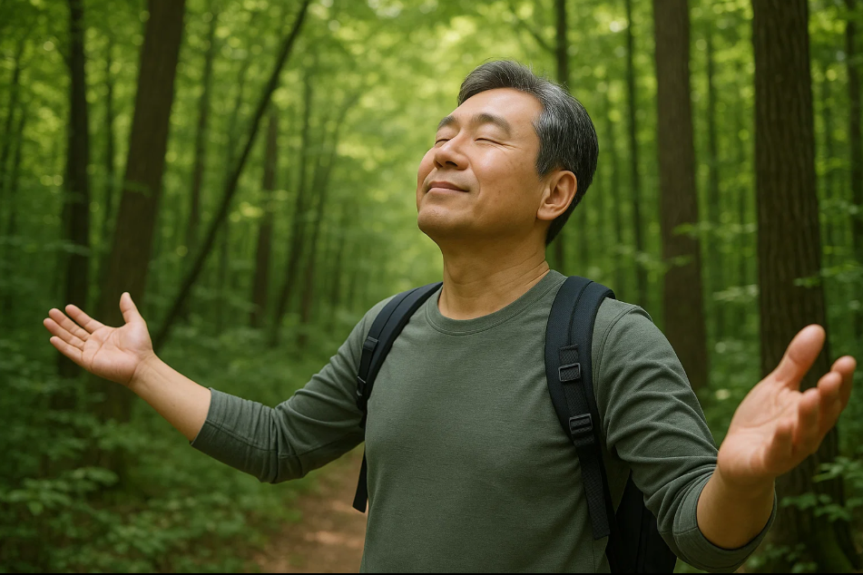 산림욕하는 50대 남자 사진