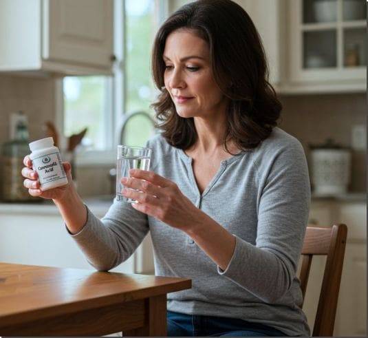 바나바잎 추출물 영양제 복용법, 바나바잎 추출물 영양제를 복용하는 중년 여성 사진