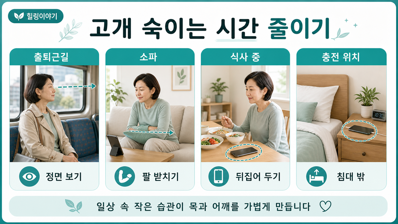 스마트폰 목 통증을 줄이기 위해 출퇴근길 소파 식사 중 충전 위치 습관을 점검하는 이미지