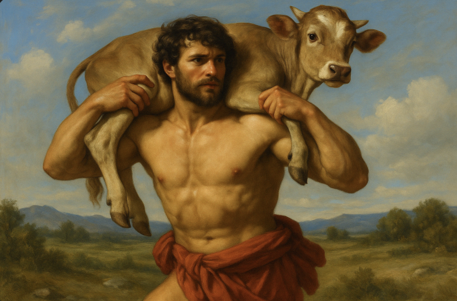 탁 트인 자연 풍경 속에서 송아지를 어깨에 메고 있는 근육질 남성의 고전 회화
