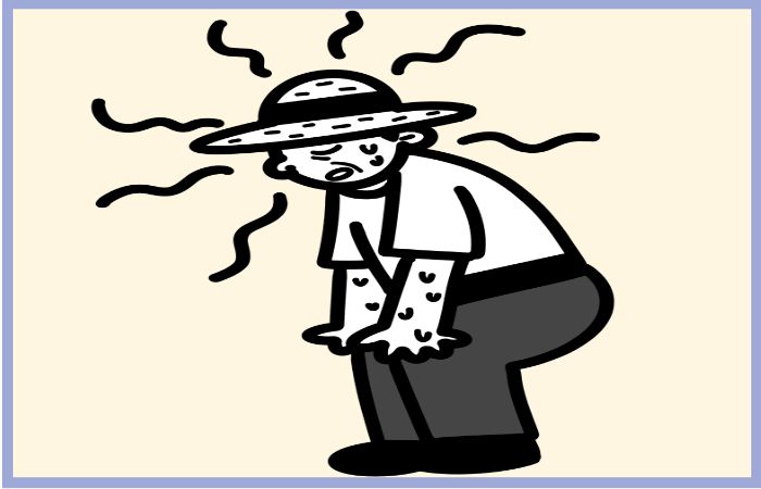 폭염 속 탈진한 농민이 모자와 땀을 흘리며 지친 모습으로 서 있는 흑백 일러스트