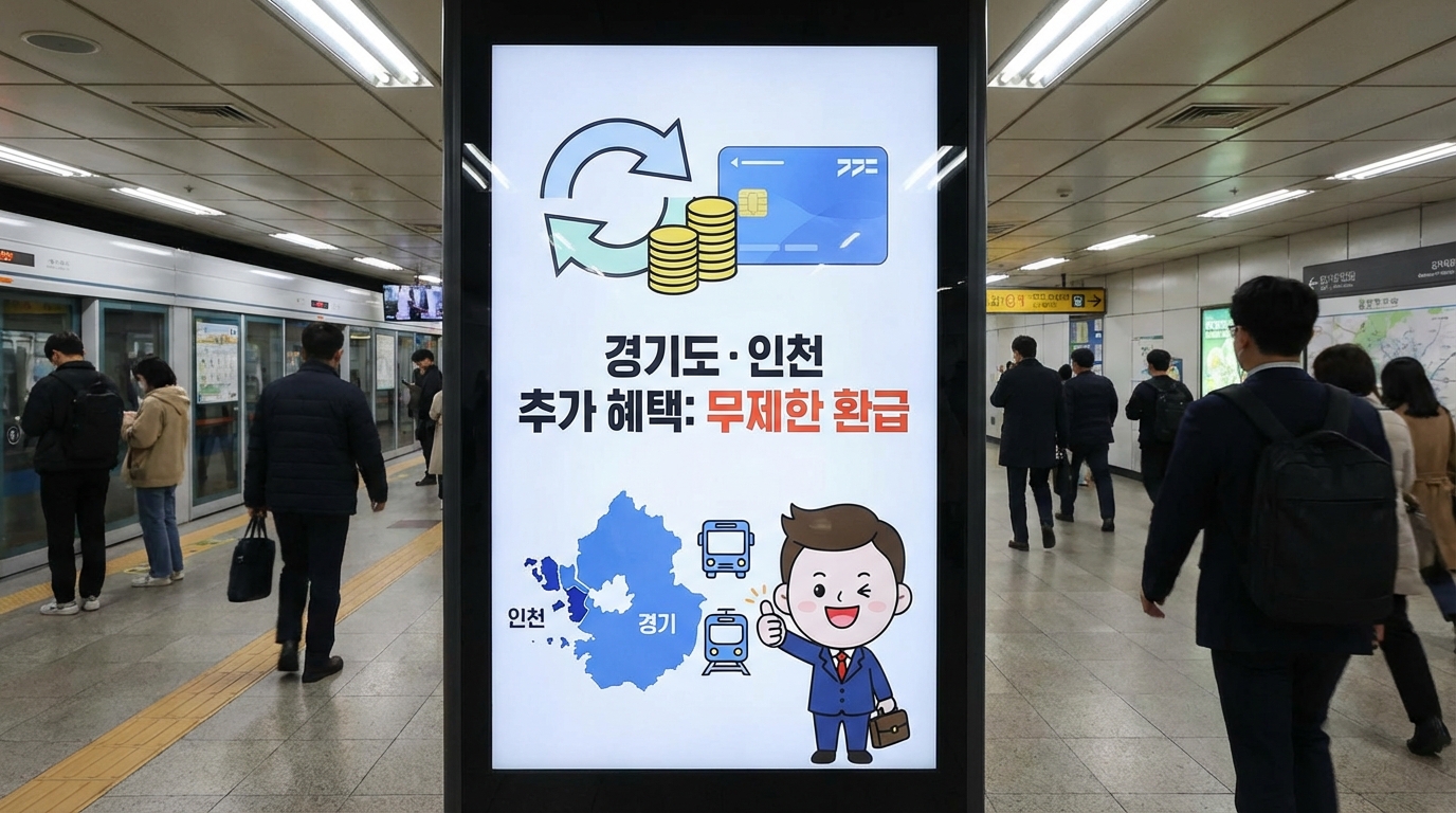 경기도와 인천의 추가 대중교통 혜택을 상징하는 무제한 환급 그래픽