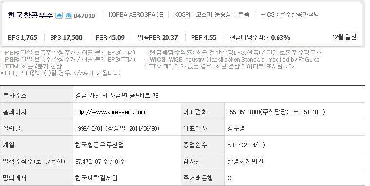한국항공우주 주가 기업개요 (0417)